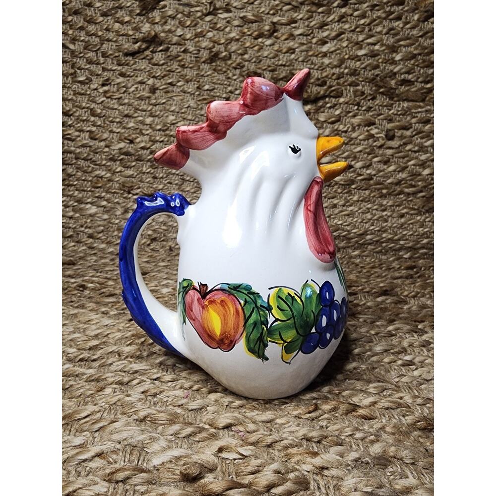 Vintage Giovanni Vietri Italy Ceramic Chicken Pitcher Fruit Hand Painted 8.5”
